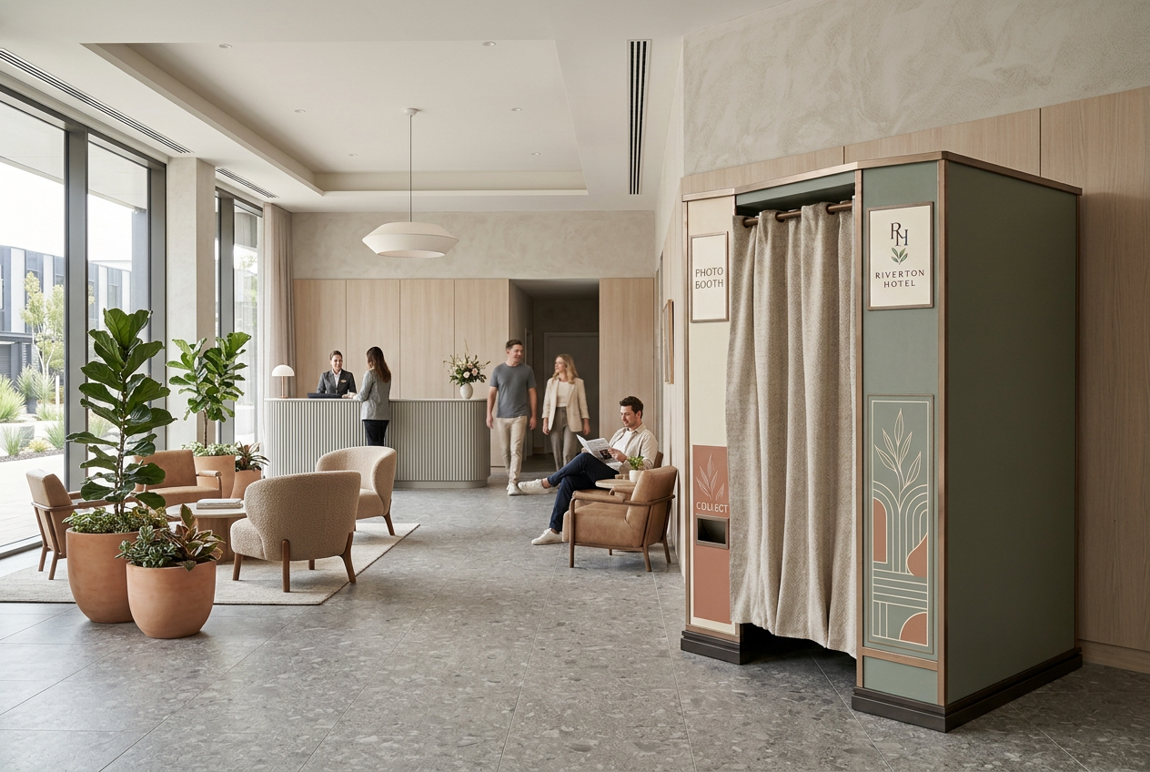 Riverton Hotel photobooth installed in a bright contemporary hotel lobby