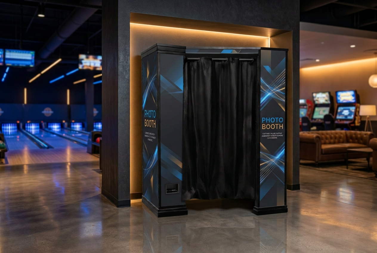Photobooth installed in a modern entertainment venue with bowling lanes and arcade machines